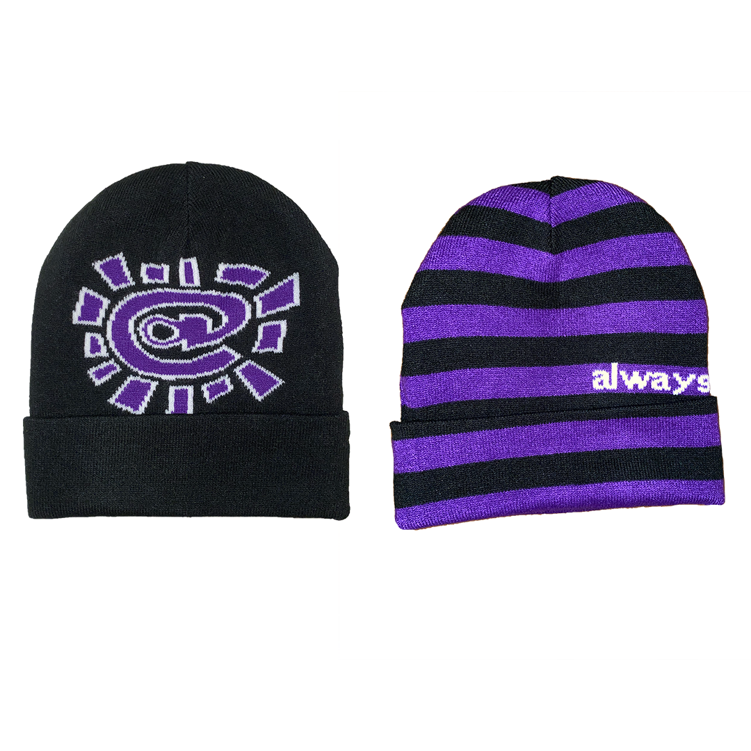 black / purple reversible cuff beanie