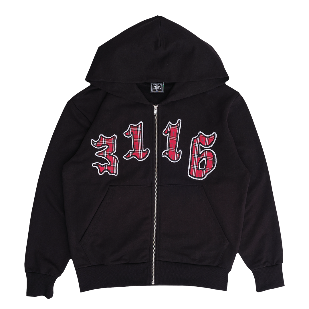 3116 applique zip up hoodie - black