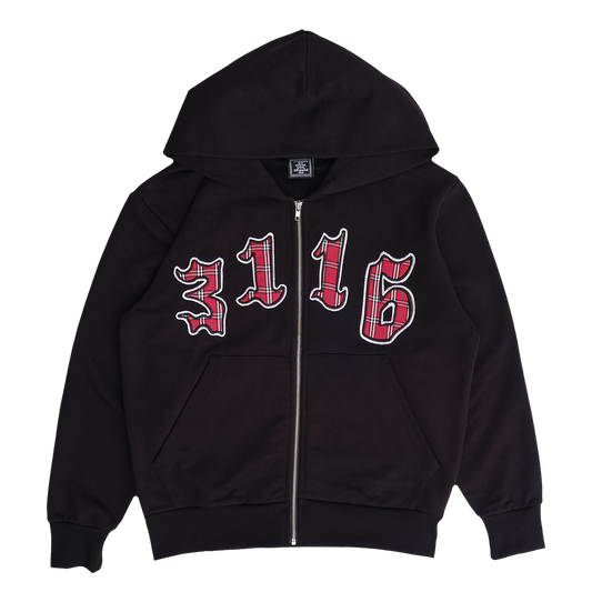 3116 applique zip up hoodie - black