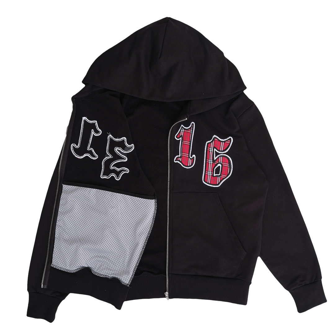 3116 applique zip up hoodie - black