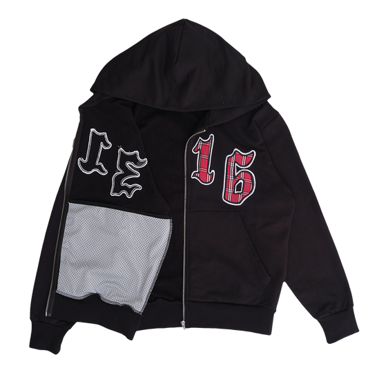 3116 applique zip up hoodie - black