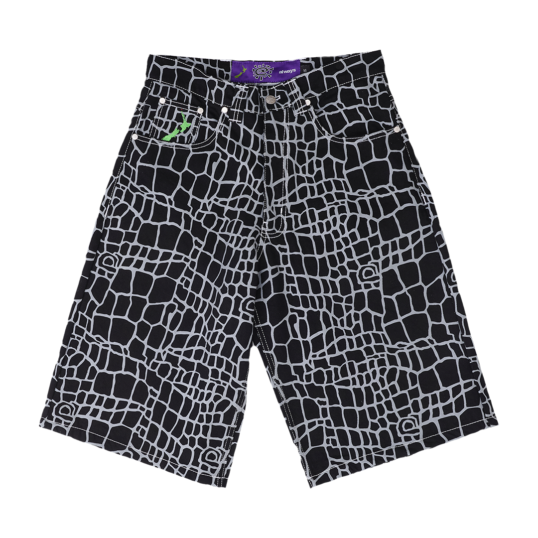 croc print denim shorts