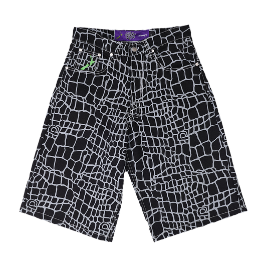 croc print denim shorts