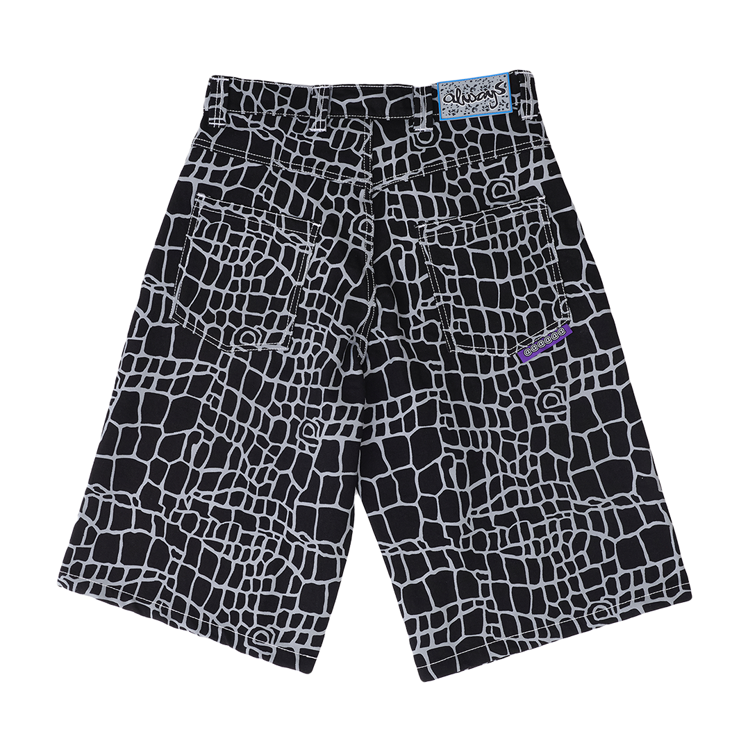 croc print denim shorts