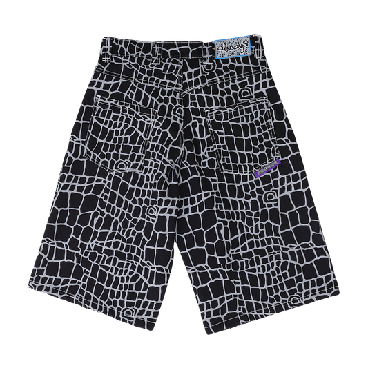 croc print denim shorts