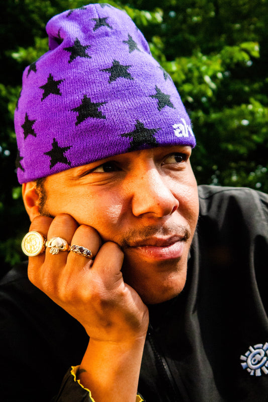 purple star reversible no cuff beanie