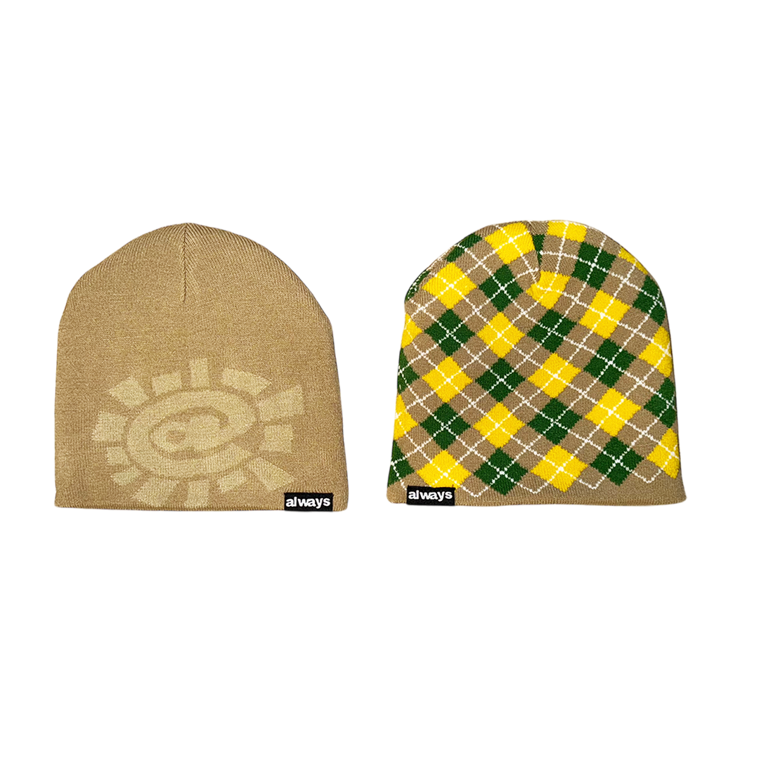 reversible no cuff beanie - sand/tartan