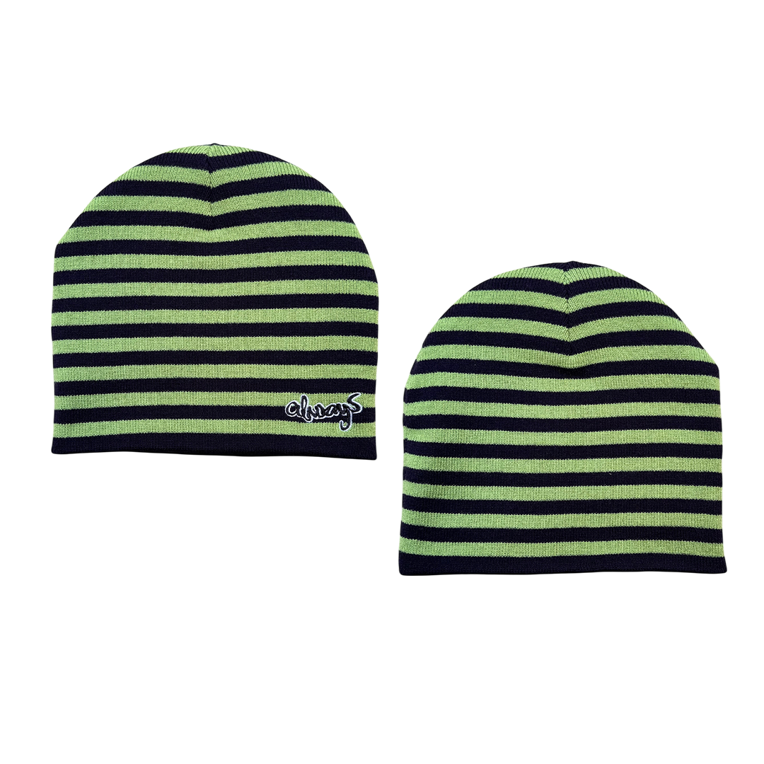 reversible embroid @sun beanie - navy/green stripe