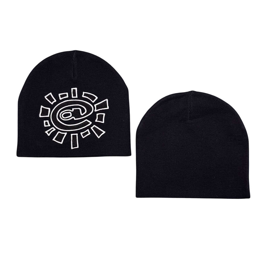 reversible embroid @sun beanie - navy/green stripe