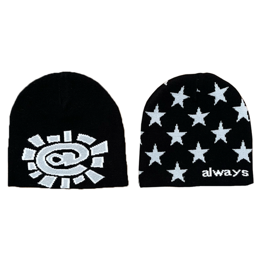 reversible no cuff stars beanie -silver/black