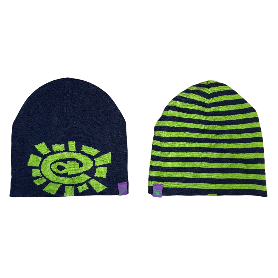 reversible no cuff beanie - navy/green stripe