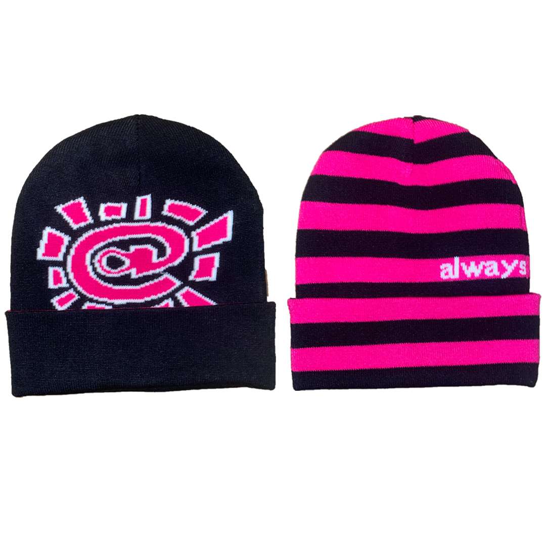 black / pink reversible cuff beanie