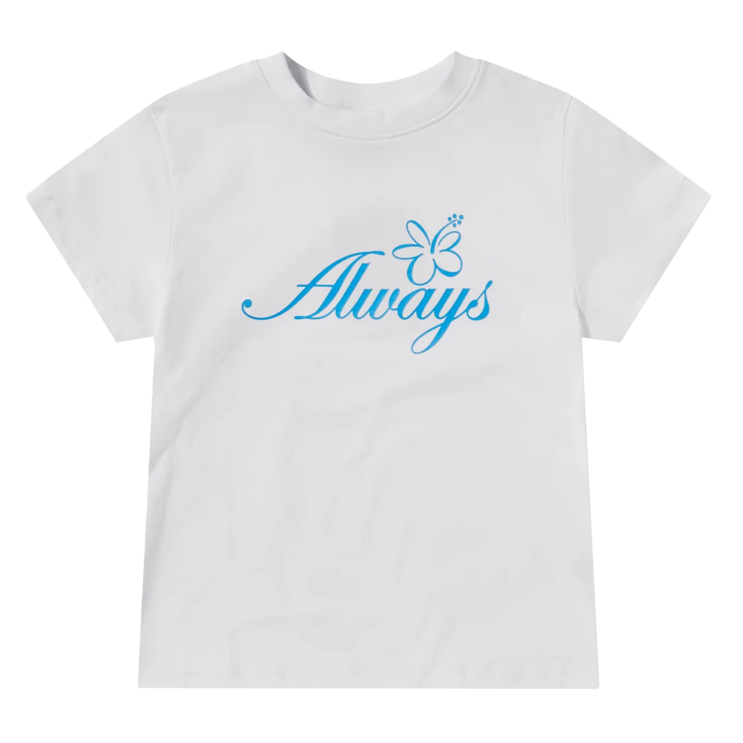 flower script baby tee white