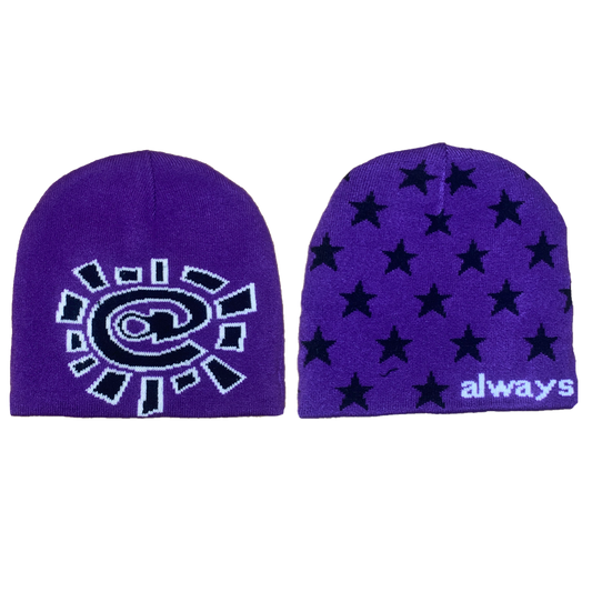 purple star reversible no cuff beanie