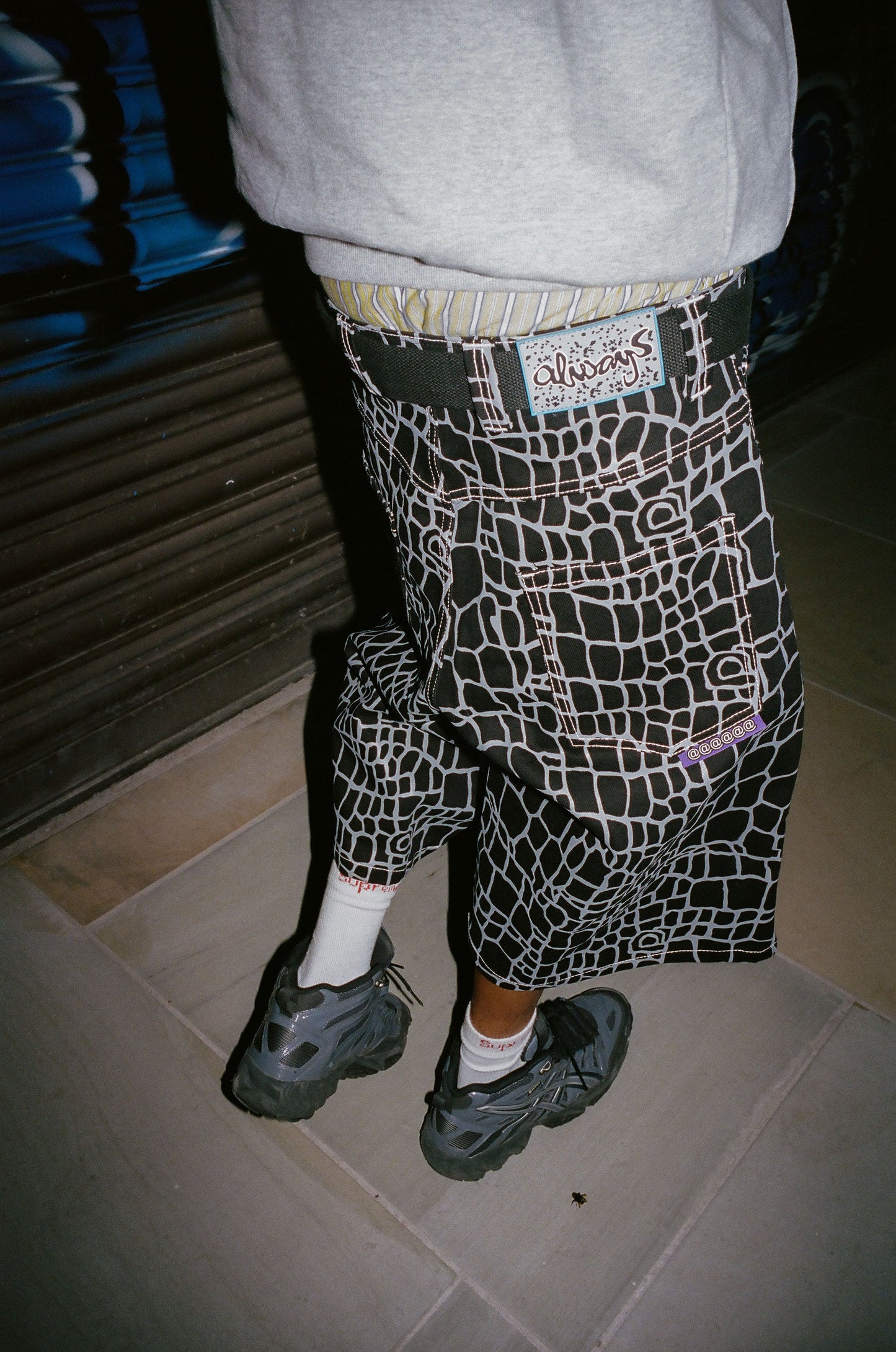 croc print denim shorts